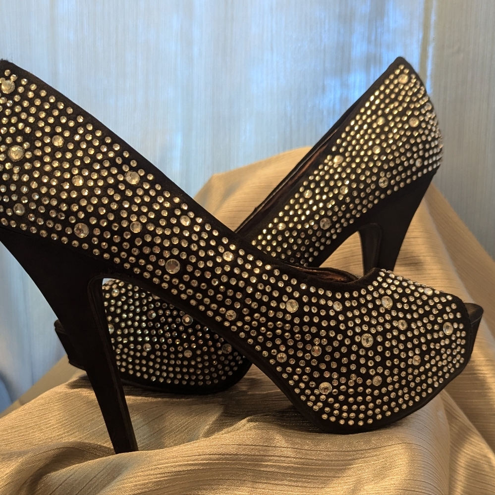 Charlotte Russe Rhinestone Open Toe Black Heels Size 10